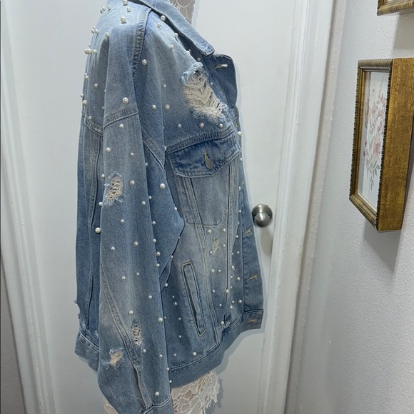 Free People Light Blue Jean Jacket with Pearl Embellishments - Picture 8 of 8